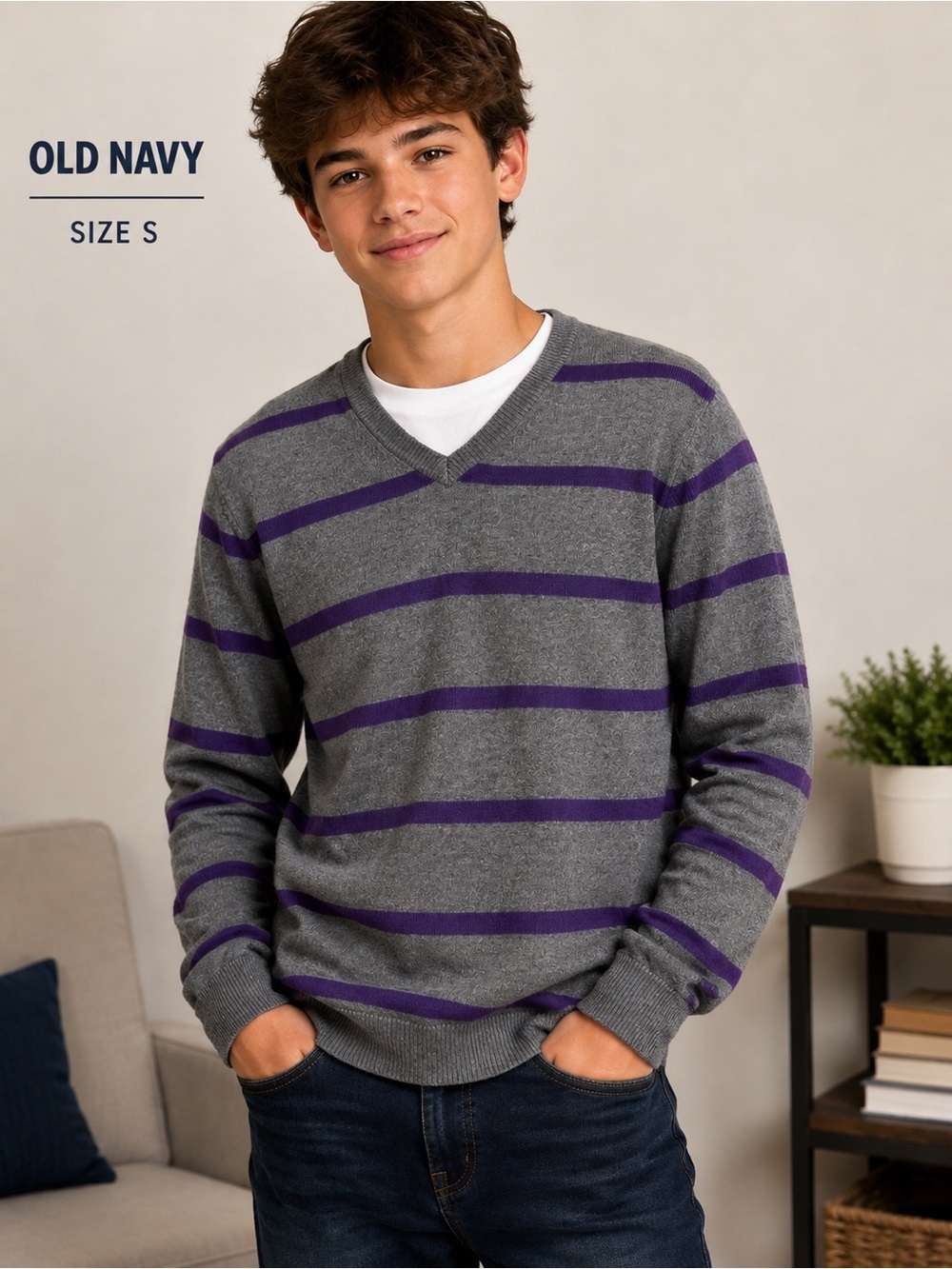 Old Navy boys Gray & Purple Striped V-Neck Sweater Size S 100% Cotton
